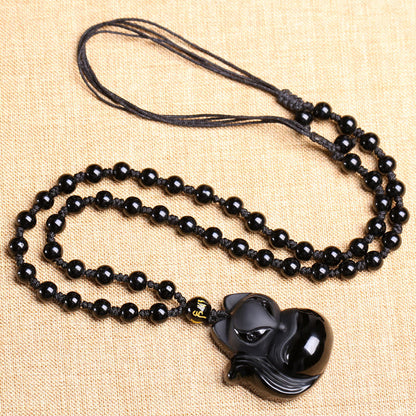 Mythstone Natural Black Obsidian Tiger Eye Ice Obsidian Fox Pendant Amulet Necklace