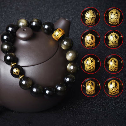 Mythstone Chinese Zodiac Natal Buddha Gold Sheen Obsidian Wealth Protection Bracelet