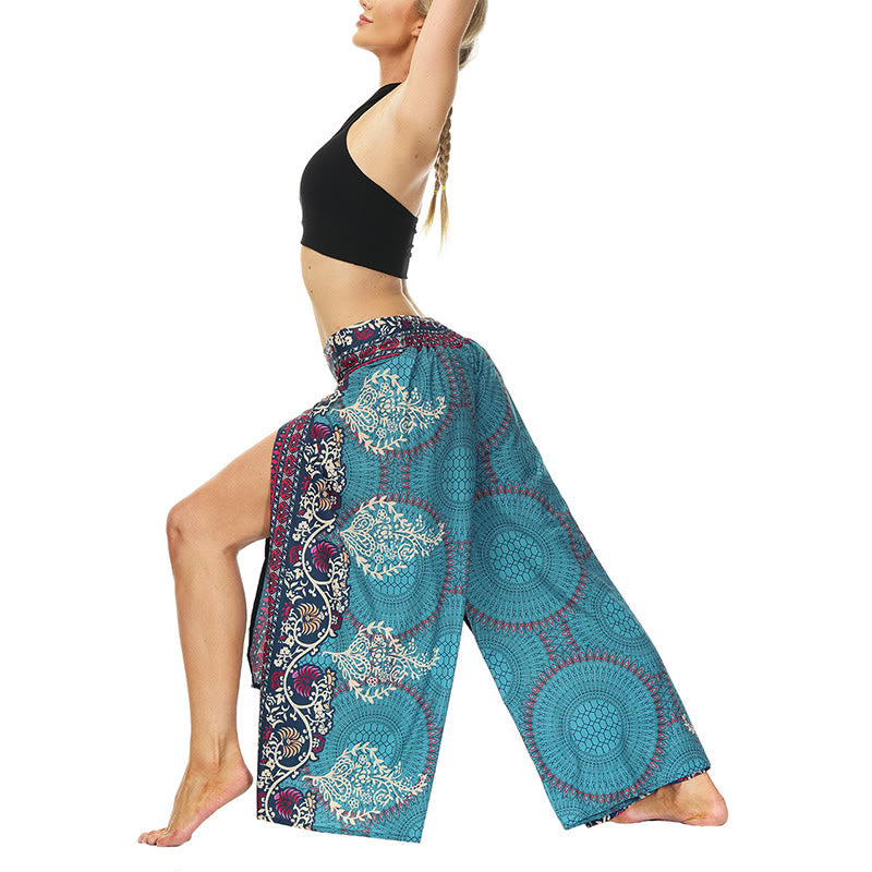 Mythstone Boho Flower Vine Split Thigh Wide Leg Pants Sports Fitness Dance Women's Yoga Pants