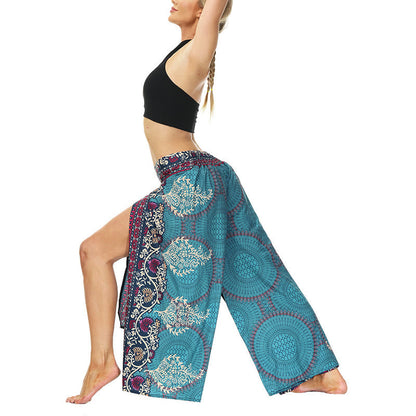 Mythstone Boho Flower Vine Split Thigh Wide Leg Pants Sports Fitness Dance Women's Yoga Pants