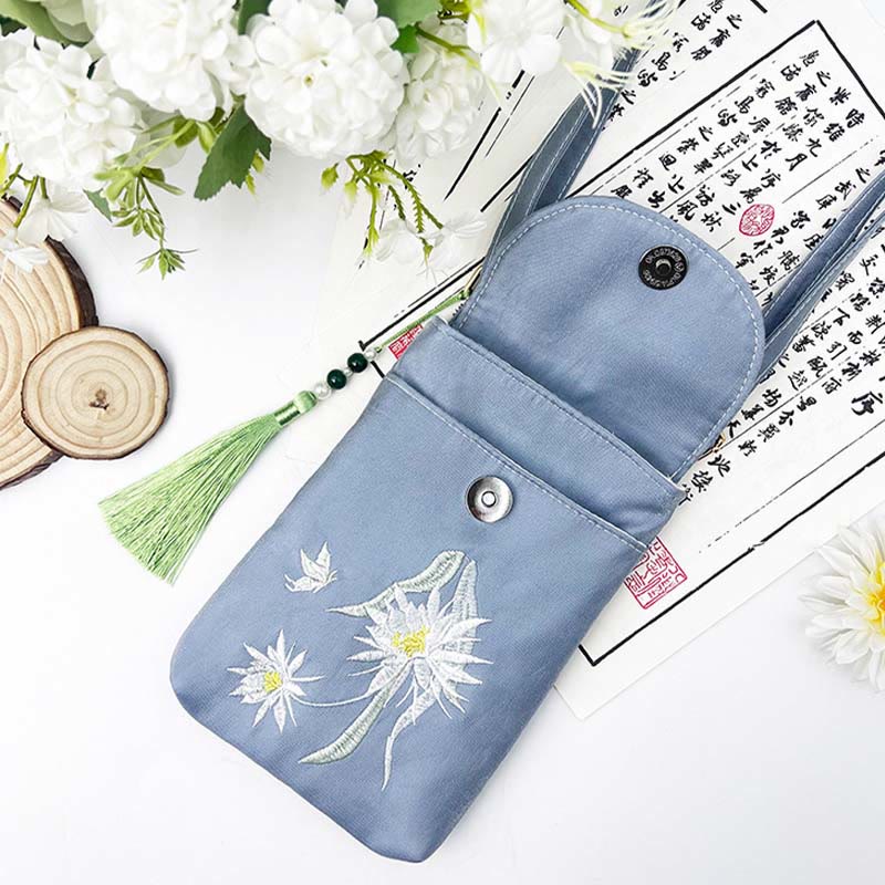 Mythstone Small Embroidered Flowers Crossbody Bag Shoulder Bag Double Layer Cellphone Bag