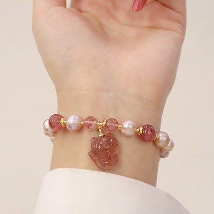 Mythstone Natural Pearl Strawberry Quartz Cute Fox Love Healing Charm Bracelet