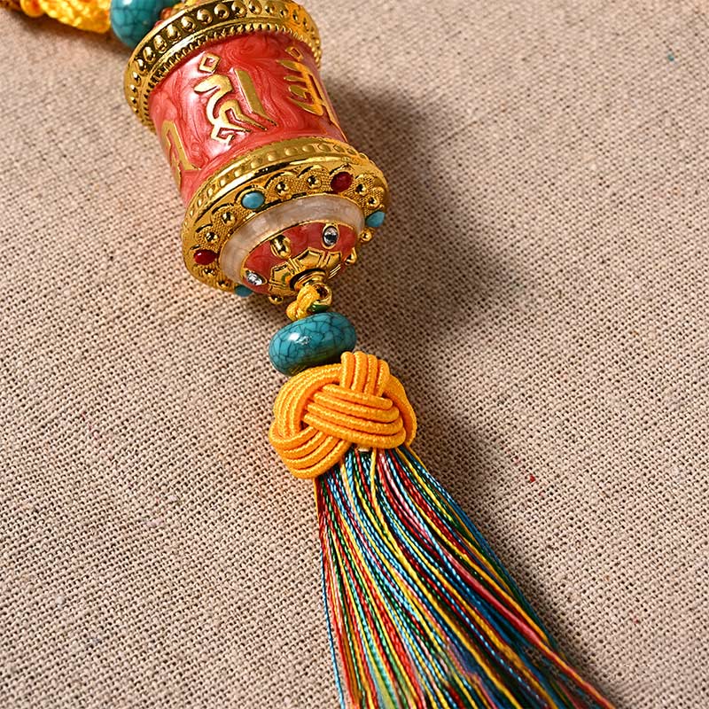 Mythstone Tibet Om Mani Padme Hum Prayer Wheel Colorful Tassels Bag Car Hanging Decoration