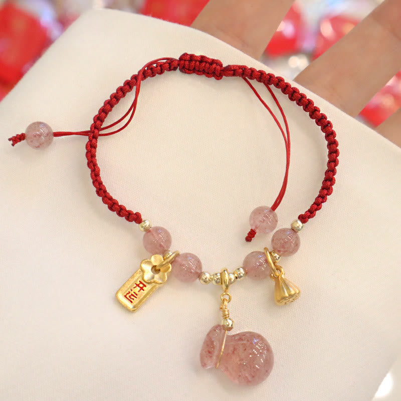 Mythstone Natural Strawberry Quartz Money Bag Lotus Healing Charm Red String Braided Bracelet