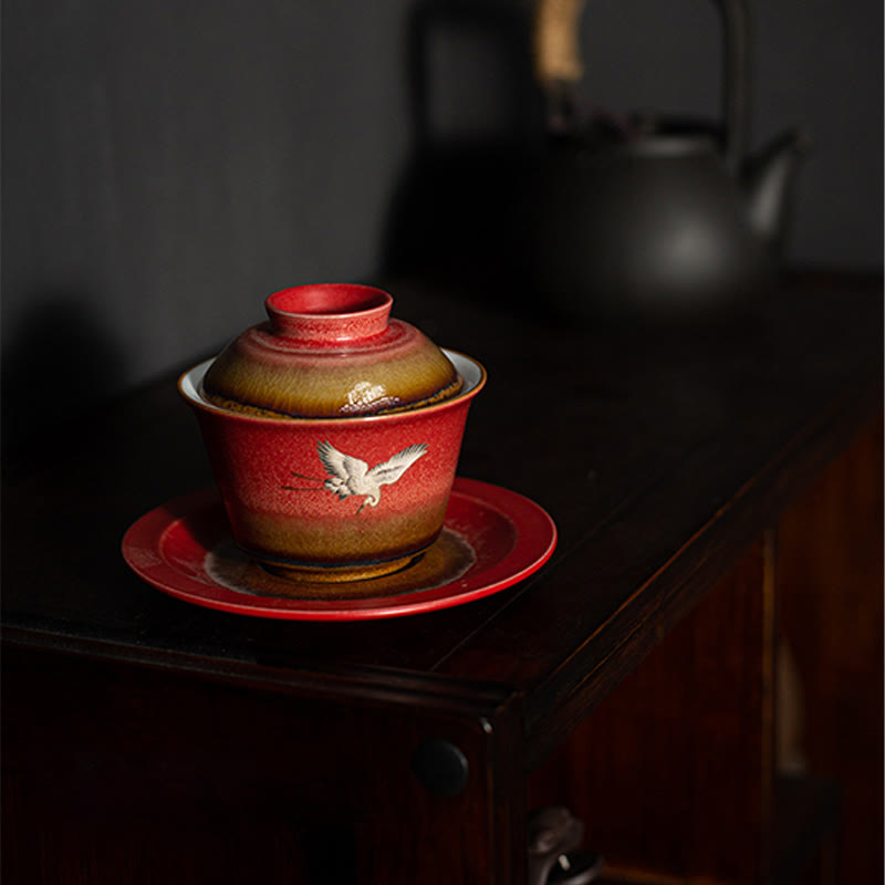 Mythstone Red Auspicious Crane Ceramic Gaiwan Sancai Teacup Kung Fu Tea Cup And Saucer With Lid