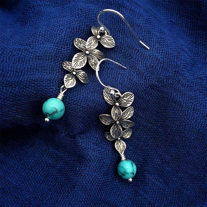 Mythstone 925 Sterling Silver Turquoise Lazurite Flower Leaf Serenity Protection Hook Drop Dangle Earrings