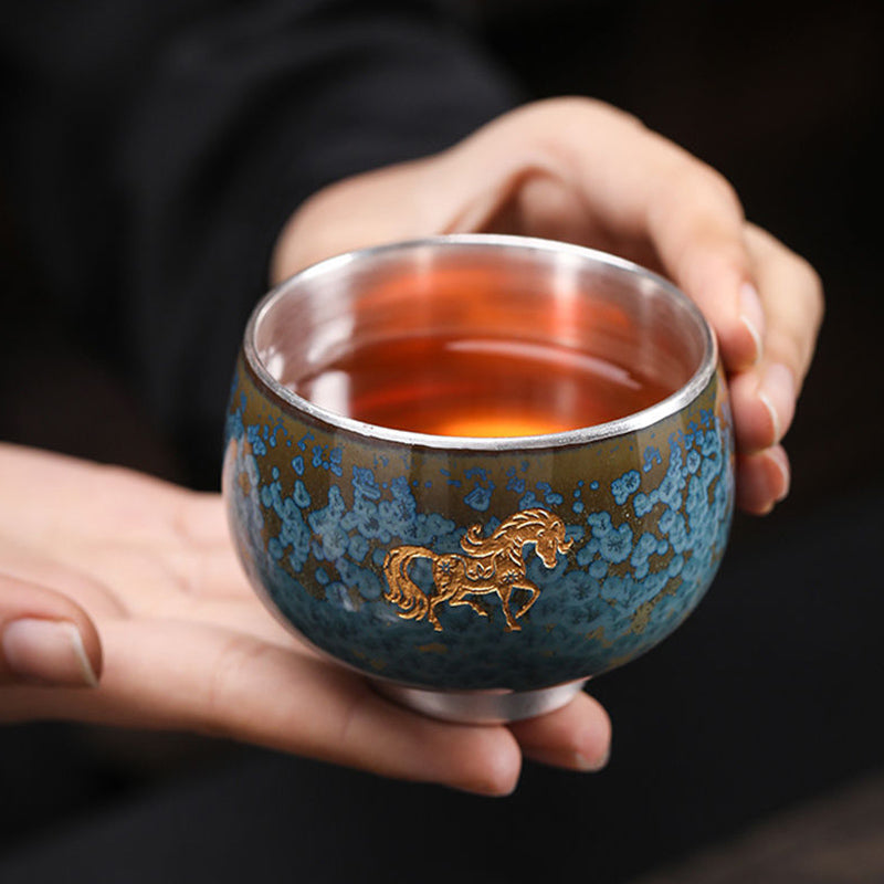 Mythstone 999 Gilt Silver Gilt Chinese Zodiac Ceramic Teacup Kung Fu Tea Cup 160ml