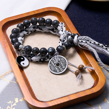 Mythstone Black Glitter Stone Cat's Eye Yin Yang Mountain Ghosts Spend Money Power Double Layer Rope Bracelet