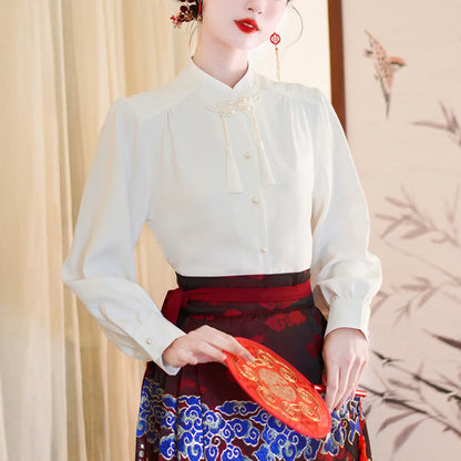 Mythstone Long Sleeve Shirt Top Chinese Hanfu Crane Blue Auspicious Clouds Horse Face Skirt Mamianqun