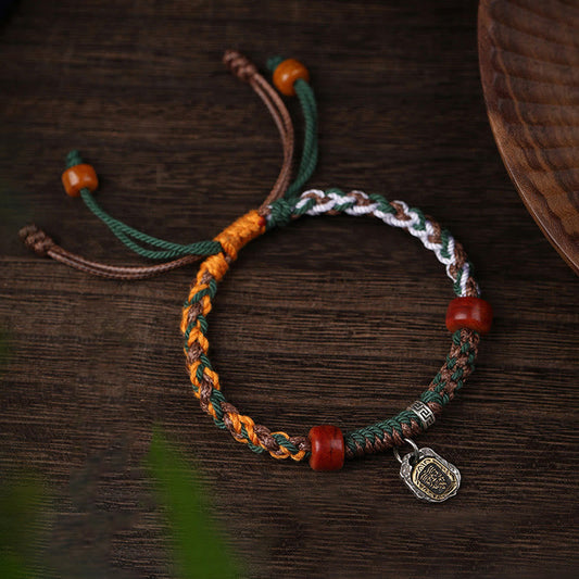 Pulsera trenzada de protección con hueso de camello de la diosa de la riqueza Zakiram de plata de ley 925 tibetana hecha a mano de Mythstone 