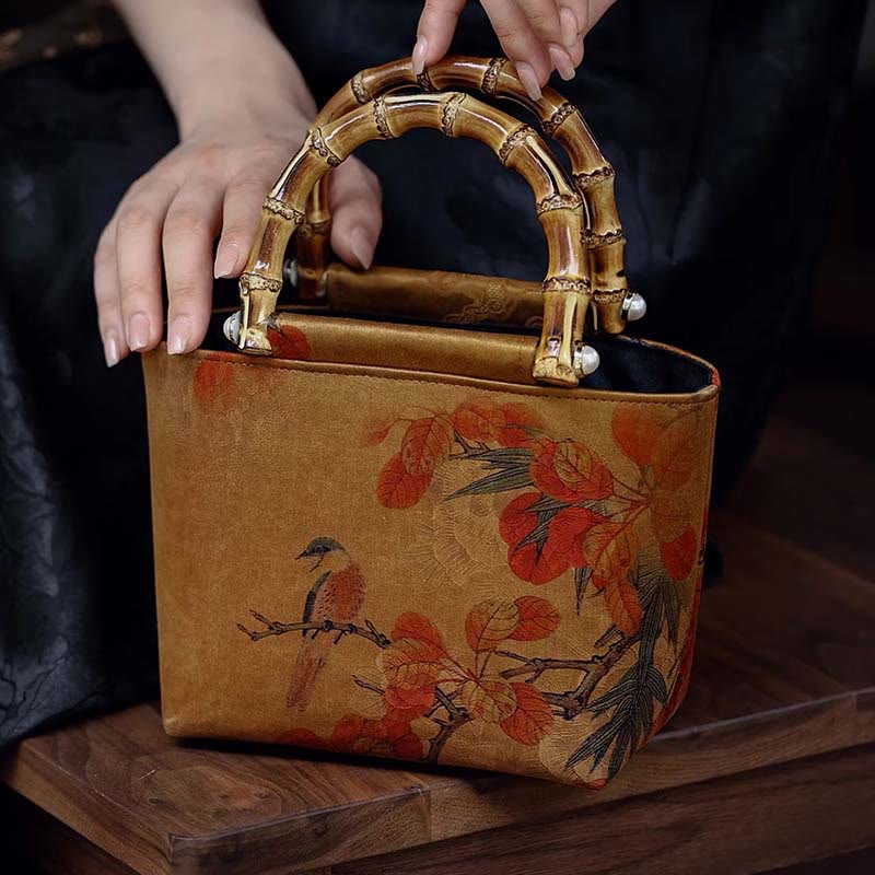 Mythstone Yellow Bird Branches Green Peony Flower Bamboo Handles Handbag