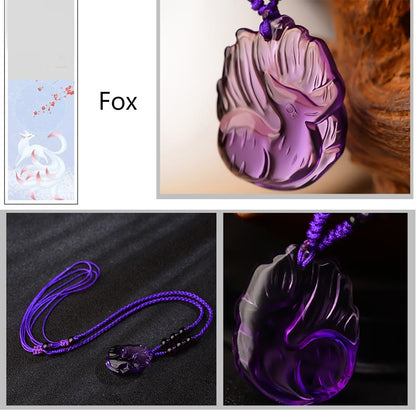 Mythstone Natural Amethyst White Crystal Citrine Nine Tailed Fox Luck Necklace Pendant