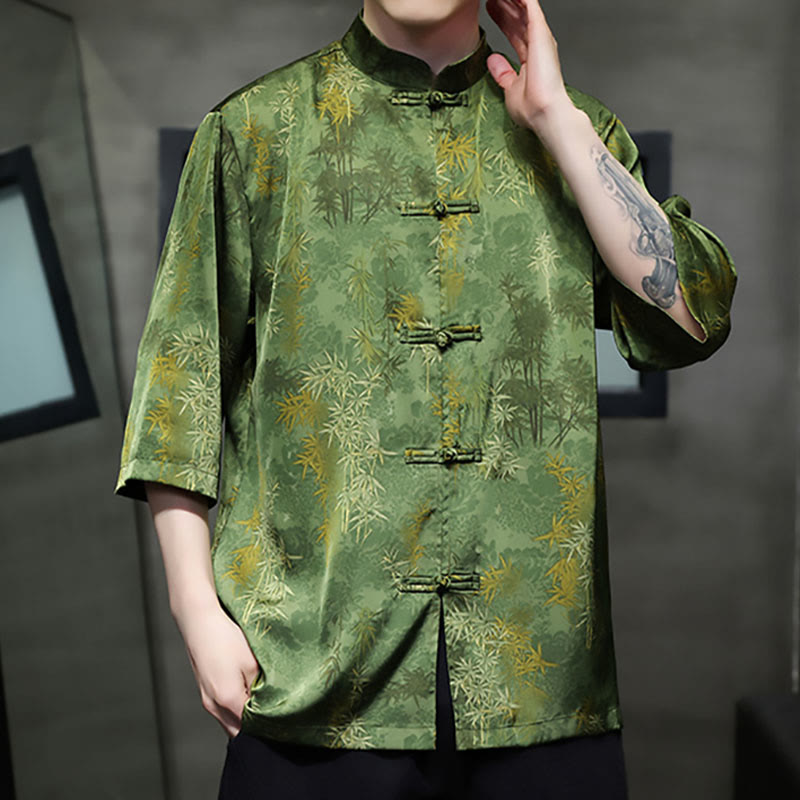 Mythstone Bamboo Leaves Pattern Chinese Half Sleeve Shirt Men T-shirt