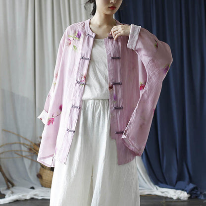 Mythstone Pink Flower Print Frog-button Design Batwing Long Sleeve Ramie Linen Jacket Shirt