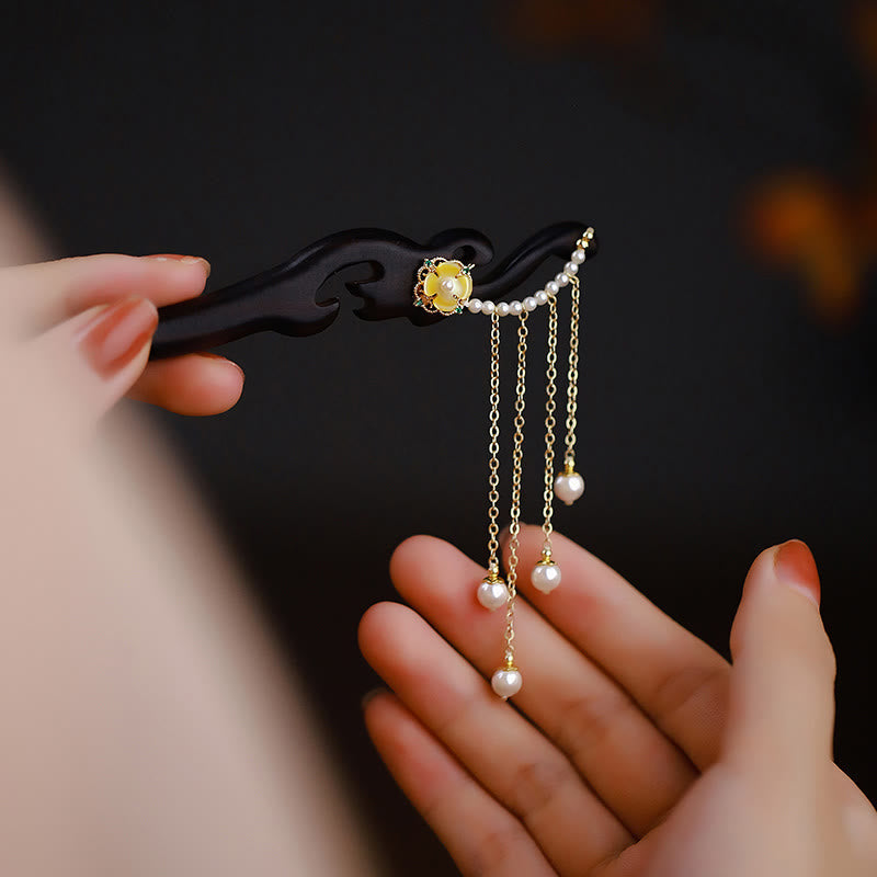 Mythstone Ebony Wood Yellow Flower Pearl Tassels Hairpin