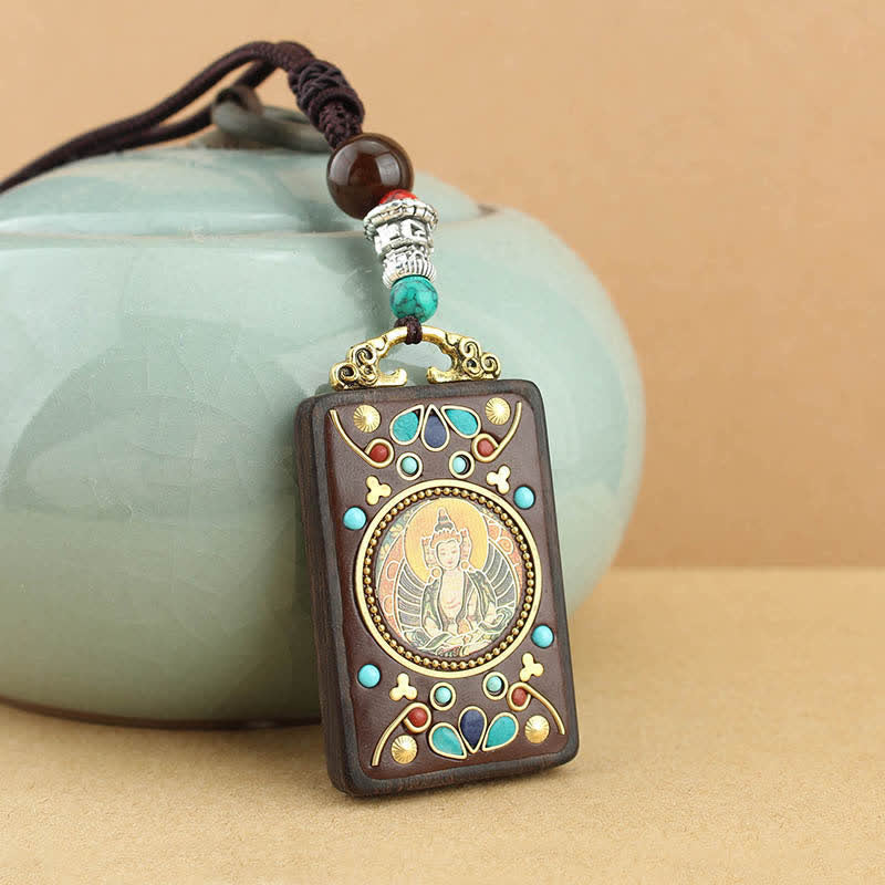 Colgante de collar de ébano con la paz y el dios de la riqueza del Thangka del Tíbet de Mythstone 