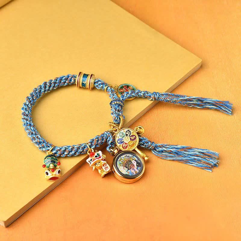 Mythstone Tibetan Zakiram Goddess of Wealth Thangka Luck Prayer Wheel Braid String Bracelet