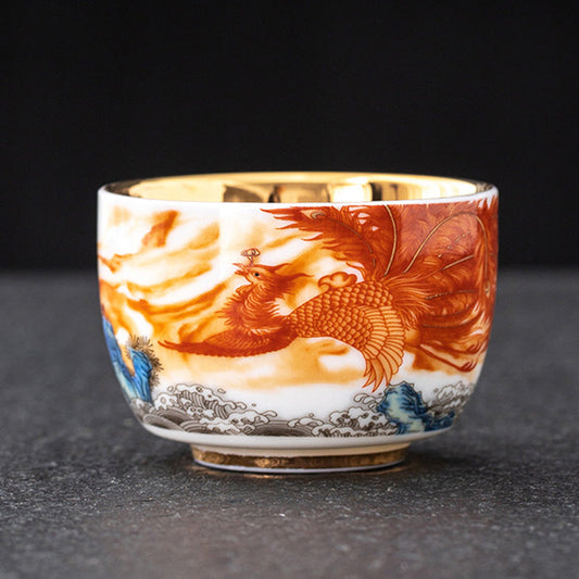 Mythstone Dragon Phoenix Crane Sun Ocean Waves Gilt Ceramic Teacup Kung Fu Tea Cup 170ml