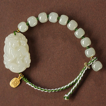 Mythstone 925 Sterling Silver Chinese Zodiac Hetian Jade Happiness Luck String Bracelet