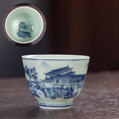 Mythstone Blue Landscape Mountains Lotus Cute Cat Pavilions Magnolia Reed Egrets Ceramic Teacup Small Kung Fu Tea Cup