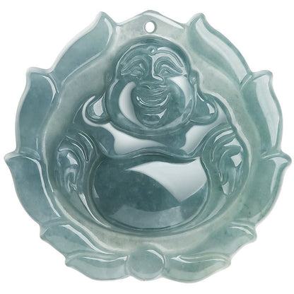 Colgante de collar con diseño de Buda sonriente de jade natural y loto de Mythstone