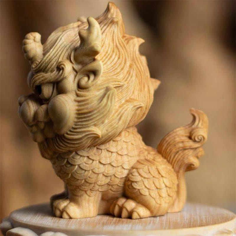 Mythstone Feng Shui Kirin Boxwood Wood Engraving Home Decoration