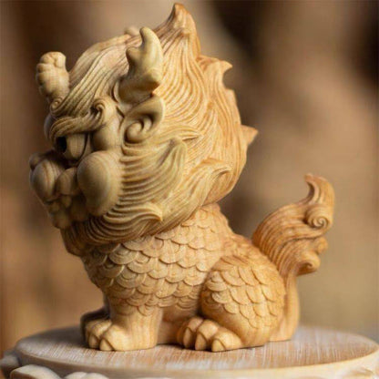 Mythstone Feng Shui Kirin Boxwood Wood Engraving Home Decoration