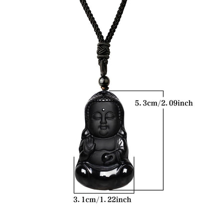 Mythstone Natural Black Obsidian Crystal Buddha Strength Protection Amulet Lucky Charm Pendant Necklace