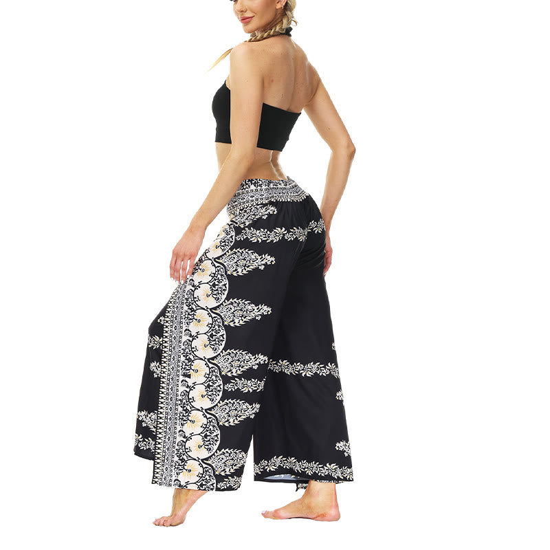 Mythstone Boho Flower Vine Split Thigh Wide Leg Pants Sports Fitness Dance Women's Yoga Pants