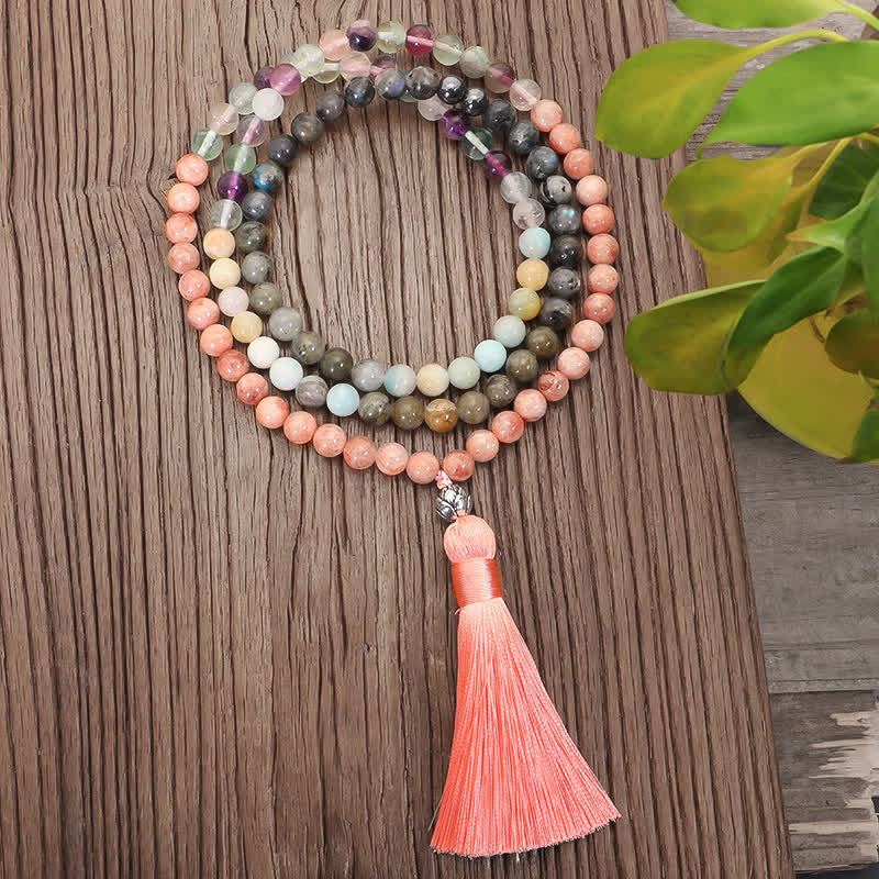 108 Mala Beads Fluorite Black Glitter Stone Protection Tassel Bracelet