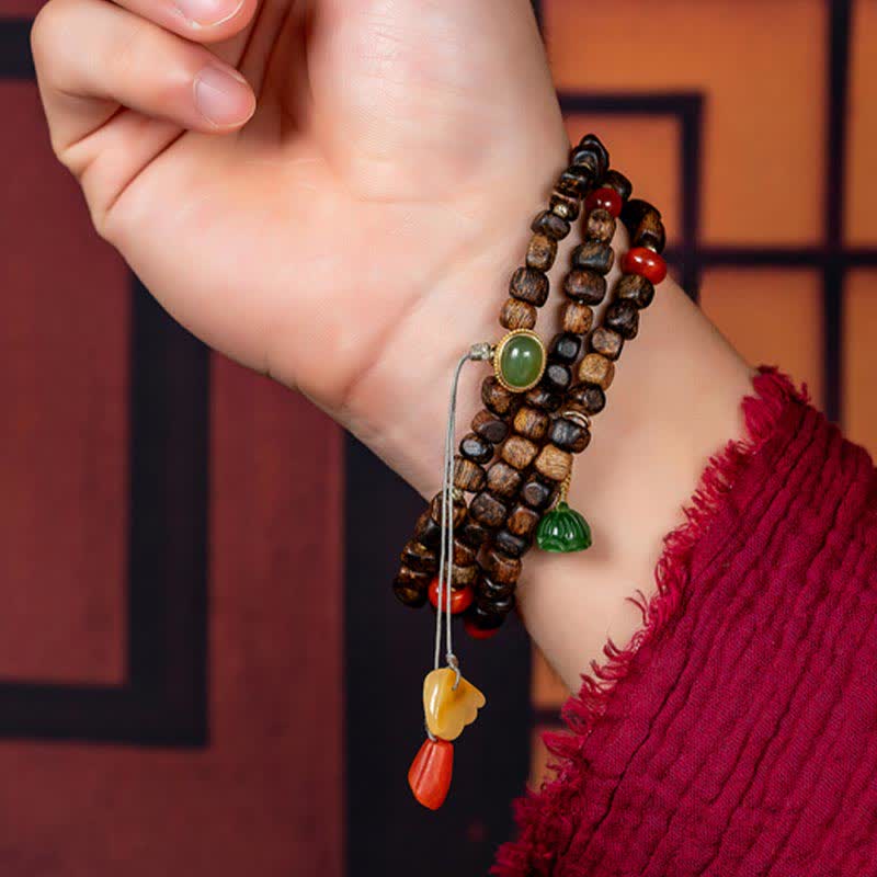 Mythstone 108 Mala Beads 925 Sterling Silver Brunei Agarwood Red Agate PiXiu Hetian Jade Peace Strength Bracelet