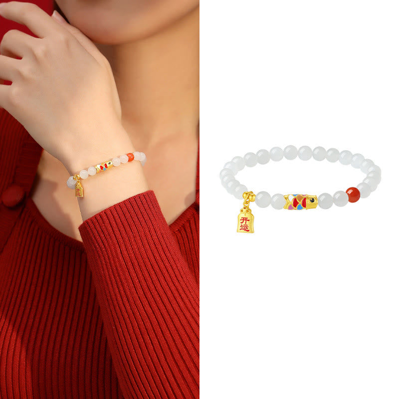 Pulsera de plata de ley 925 con diseño de pez koi, jade blanco hetiano, ágata roja y suerte