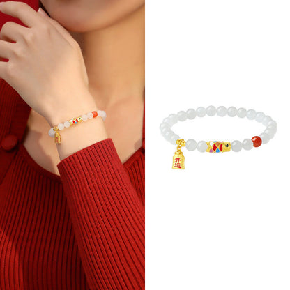 Pulsera de plata de ley 925 con diseño de pez koi, jade blanco hetiano, ágata roja y suerte