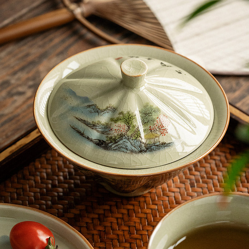 Mythstone Pine Mountain Forest Landscape Ceramic Gaiwan Sancai Teacup Kung Fu Tea Cup And Saucer With Lid