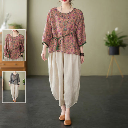 Mythstone 2Pcs Small Flower Tee T-shirt Cotton Linen Harem Pants Set