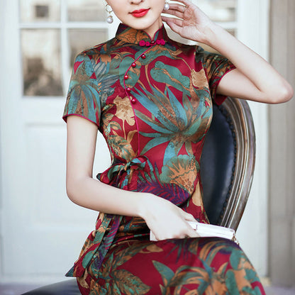 Mythstone Silk Qipao Dress Retro Flower Leaf Pattern Women's Cheongsam Dress