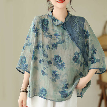 Mythstone Blue Jacaranda Flower Design Three Quarter Sleeve Ramie Linen Shirt