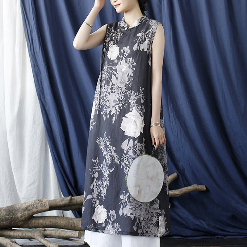 Mythstone Ancient Ramie Linen Flowers Printing Cheongsam Dresses Sleeveless Dress