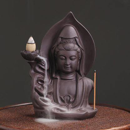 Mythstone Tibetan Avalokitesvara Buddha Lotus Healing Backflow Smoke Fountain Incense Burner