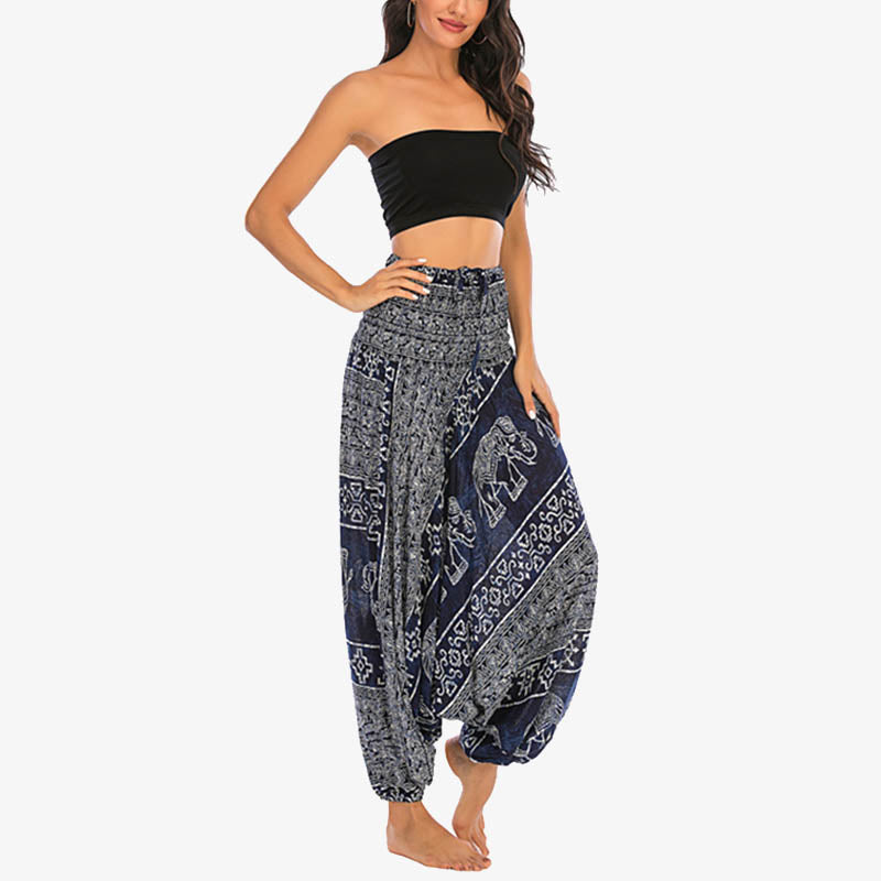 Mythstone Two Style Wear Elephant Pattern Loose Smocked Harem Trousers Jumpsuit Women's Yoga Pants