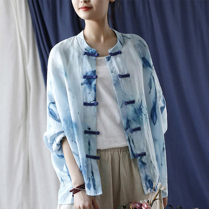 Mythstone Tie Dye Blue Flowers Frog-Button Design Long Sleeve Ramie Linen Jacket Shirt