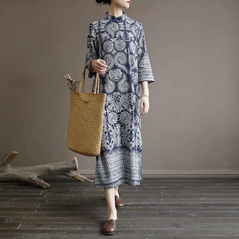 Mythstone Blue And White Porcelain Pattern Frog-button Midi Dress Three Quarter Sleeve Linen Batik Dress With Pockets