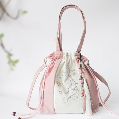 Mythstone Embroidered Grass Flowers Cherry Blossom Canvas Tote Crossbody Bag Shoulder Bag Handbag