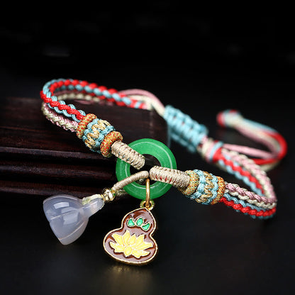 Mythstone Colorful Rope Chalcedony Lotus Jade Peace Buckle Harmony Gourd Charm Bracelet