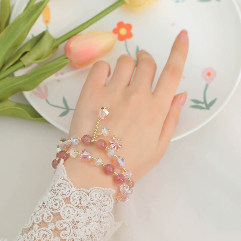 Mythstone Strawberry Quartz Zircon Flower Healing Double Wrap Bracelet