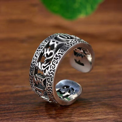 Mythstone Vintage Tibet Om Mani Padme Hum Carved Hollow Design Purity Ring