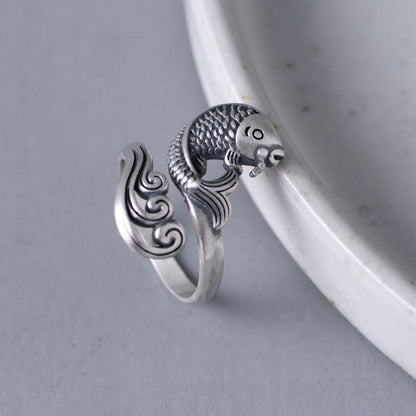 Mythstone 925 Sterling Silver Koi Fish Water Ripple Luck Wealth Ring