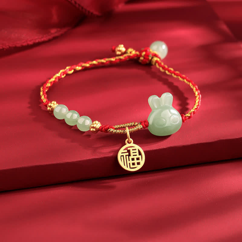 Mythstone 925 Sterling Silver Year of the Rabbit Hetian Jade Happiness Luck Red String Bracelet