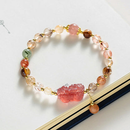 Mythstone Natural Rutilated Quartz Strawberry Quartz PiXiu Wealth Bracelet