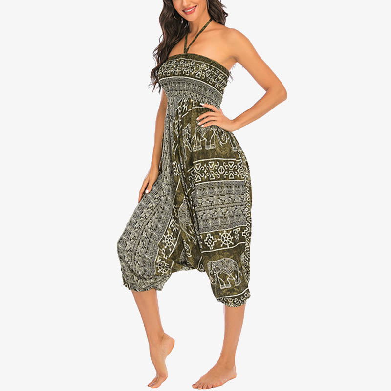 Mythstone Two Style Wear Elephant Pattern Loose Smocked Harem Trousers Jumpsuit Women's Yoga Pants